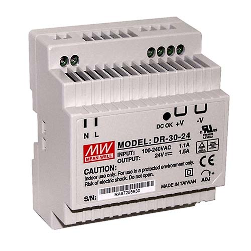 DIN rail power supply 24 V dc 1500 mA; input power 120-240 V ac, 50/60 Hz - Monarch Instrument