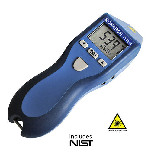 Monarch's Pocket Laser Tachometer PLT200 is a digital, battery-powered portable optical tachometer, which operates up to 25 feet* [8 meters] from a reflective target using a Class 2 laser light source. 