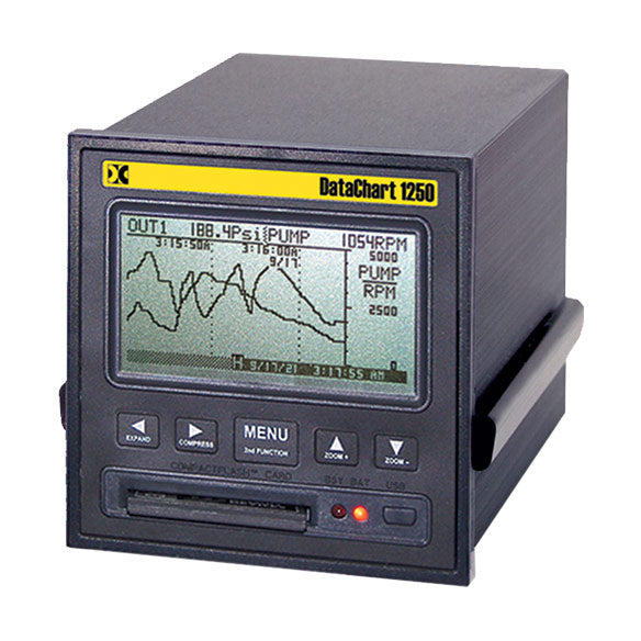 Monarch's DataChart DC1250 is a feature-rich data acquisition system offering 2 universally configurable inputs for measuring DC voltage, DC current, thermocouples, and RTDs as well as frequency and pulse inputs. 