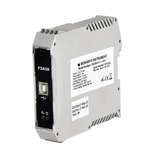 F2A3X Frequency to Analog Converter is a DIN rail module that converts a frequency input signal into a proportional analog voltage (0-5 V dc) or current (4-20 mA) output. The input signal can be supplied from a Monarch sensor (measuring RPM for example) or any source of digital signal not exceeding 12 volts. 