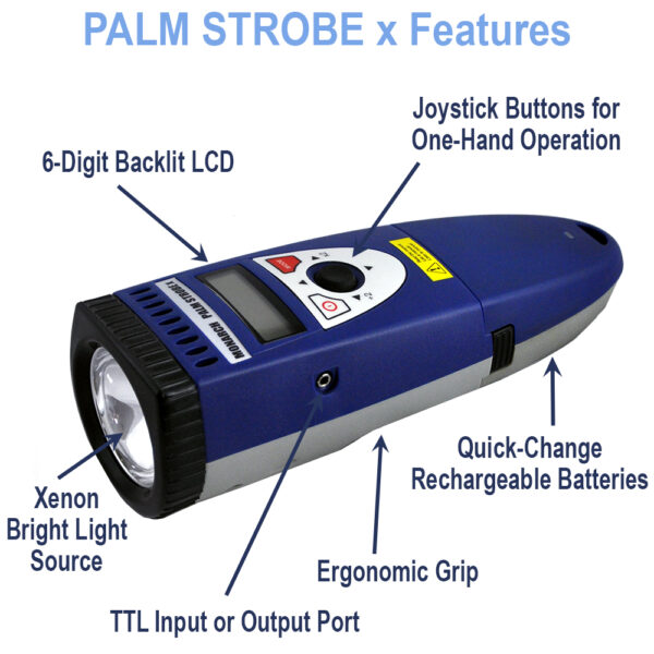 PALM STROBE x is a handheld, battery-operated stroboscope with many features. This strobe has a flash range of 100-12,500 FPM.