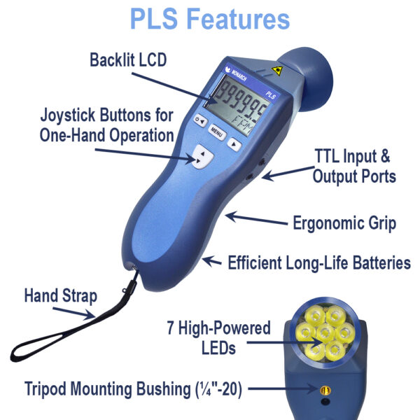 PLS Pocket Laser Stroboscope has many features include TTL Input and Output Ports and 7 high-powered LEDs. Monarch Instrument