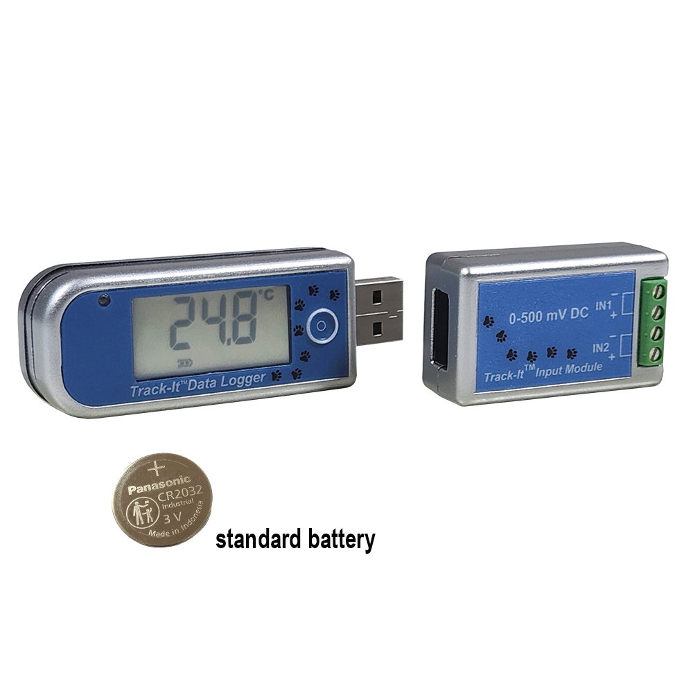 Track-It DC Voltage and Current Data Logger with standard battery and 0-500 mV DC module - records up to 32,000 samples each of dc voltage or current data.