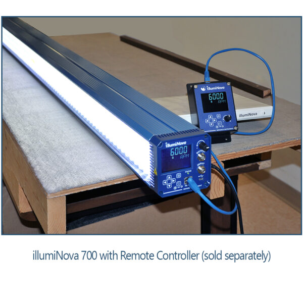 illumiNova Fixed Mount Stroboscope running with Remote Controller - allows full operation and control of the 7-foot strobe from a safe distance.