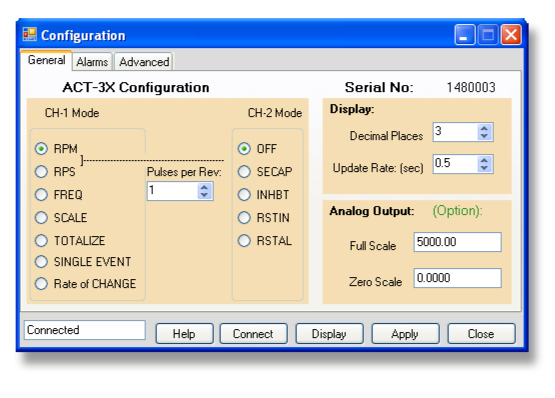 PM Remote Software - configure RPM, RPS, or Frequency and select the input scale (pulses per revolution).