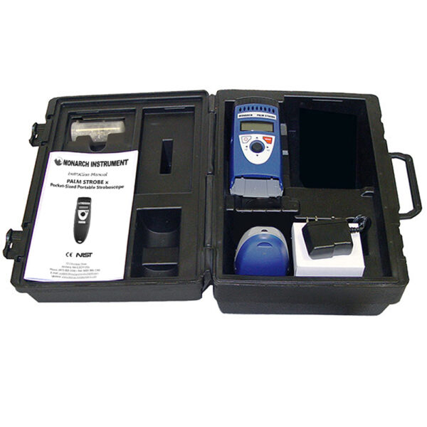 PALM STROBE x Kit 115/230 (6205-052) includes: Strobe with battery, PSC-2U 115/230 Vac recharger, and spare lamps Ships in a standard carry case with die-cut foam insert Documentation: instruction manual, product registration card, and NIST Traceable Certificate.