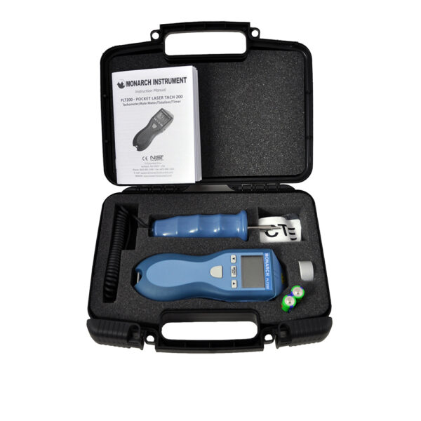 PLT200 tachometer/totalizer/timer, Remote Contact Assembly (RCA) for contact speed measurement, and 5 ft. of T-5 Reflective Tape Documentation: operation manual, product registration card, and NIST Traceable Certificate Ships in a standard carry case with die-cut foam insert