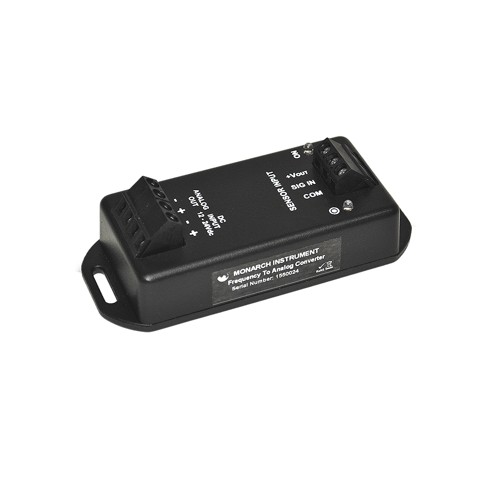 Monarch Instrument F2A1X Frequency to Analog module converts a frequency input signal into a proportional analog voltage (0-5 V dc) or current (4-20 mA) output. The output signal is electrically isolated from the input signal and input power source, effectively eliminating troublesome ground loops.