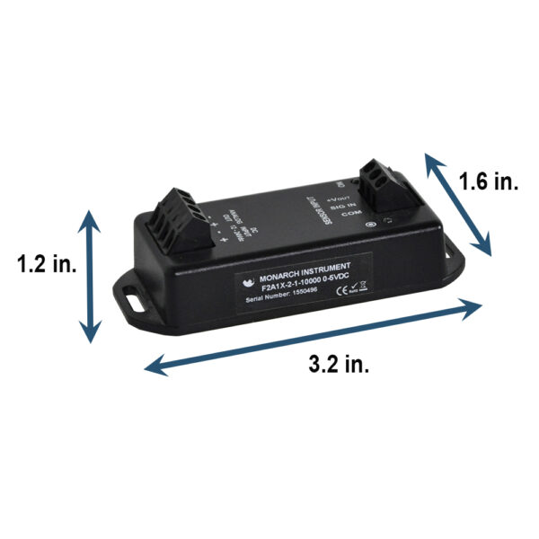 The F2A1X Frequency to Analog module converts a frequency input signal into a proportional analog voltage (0-5 V dc) or current (4-20 mA) output. The output signal is electrically isolated from the input signal and input power source, effectively eliminating troublesome ground loops. The input signal can be supplied from a Monarch sensor (measuring RPM for example) or any source of digital signal not exceeding 12 volts. The F2A1X is factory pre-programmed with the full-scale output and input scale factor of your choice. This product is very compact.