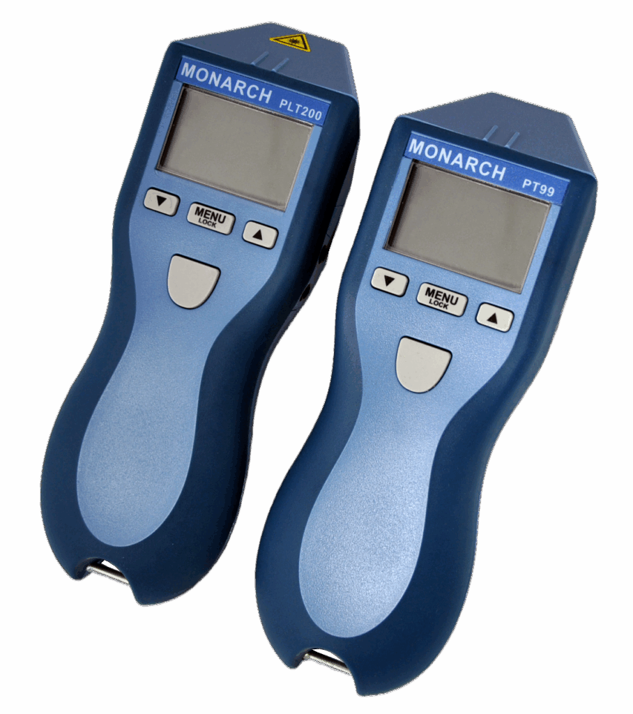 Handheld Tachometers for measuring rotational speed. PLT200 Pocket Laser Tachometer and PT99 Pocket Tachometer from Monarch Instrument