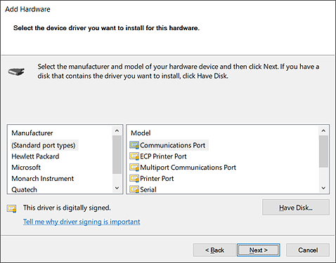 Installing Track-It™ Software and Drivers - Add Hardware, select Manufacturer then select (Standard port types). Under Model, select Communications Port.