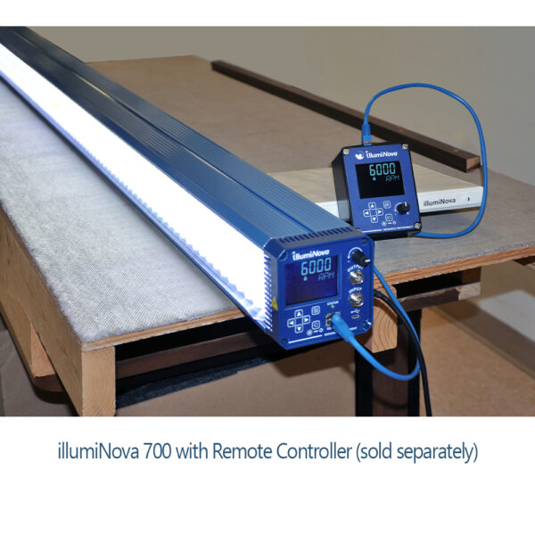 illumiNova Fixed Mount Stroboscope running with Remote Controller - allows full operation and control of the 7-foot strobe from a safe distance.
