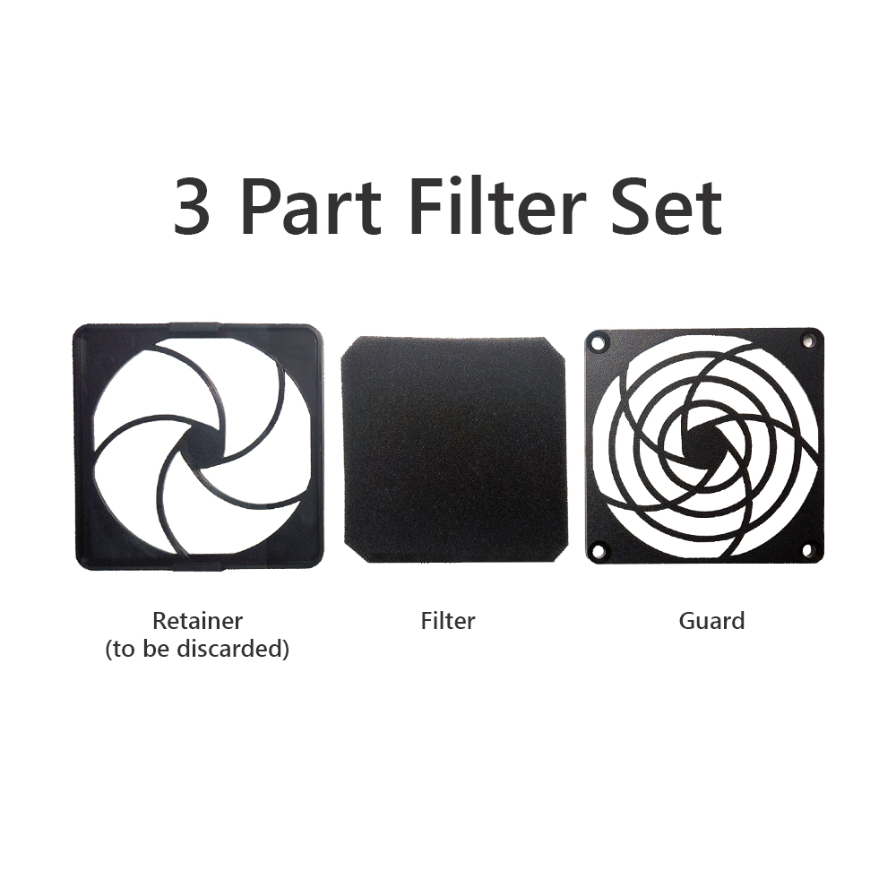 1051-2000-065 illumiNova Fan Filter Set is a 3-piece plastic set consisting of a filter, guard, and retainer.