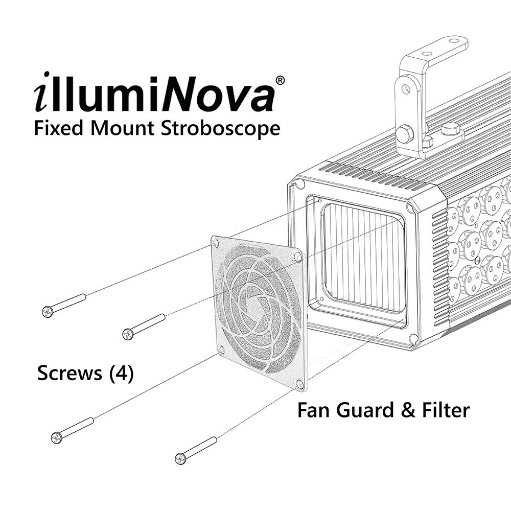 1051-2000-065_illumiNova Fan Filter Replacement Kit. Image shows how to replace the filter by removing the 4 screws.
