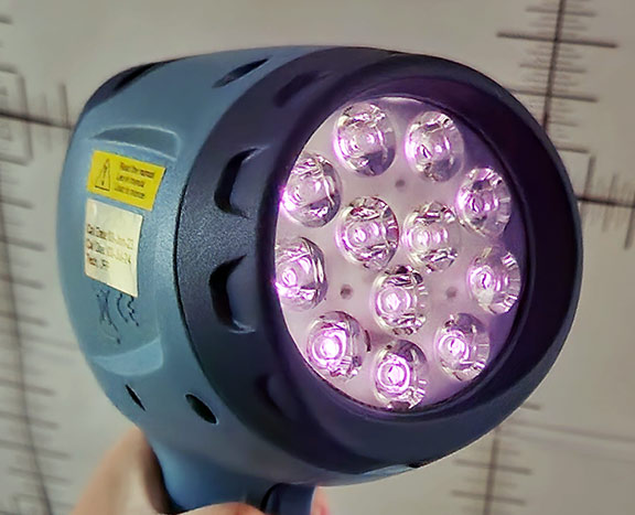 The Nova-Pro® IR 850 is a handheld infrared (IR) LED stroboscope used most for stop-motion inspection and stop-motion photography/filming. The stroboscope light source is comprised of twelve (12) 850nm LEDs. The IR 850 has a long battery life – up to 9 hours on a single charge. With the optional AC adapter, continuous operation is possible.